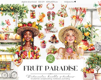 Pegatinas de frutas en acuarela, imágenes prediseñadas para álbumes de recortes (descarga digital)