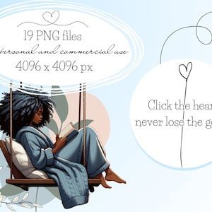 May include: A digital illustration of a woman with curly black hair sitting on a swing and reading a book. The background is a light blue sky with white clouds. The text "19 PNG files" is written in black on a white oval. The text "For personal and commercial use" is written in black on a white oval. The text "4096 x 4096 px" is written in black on a white oval. The text "Click the heart, never lose the goods" is written in black on a white circle.