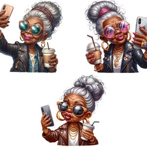Pode incluir: Tr&ecirc;s ilustra&ccedil;&otilde;es de mulheres mais velhas com cabelo grisalho usando &oacute;culos de sol e jaquetas de couro. Cada mulher est&aacute; segurando um smartphone e uma bebida.