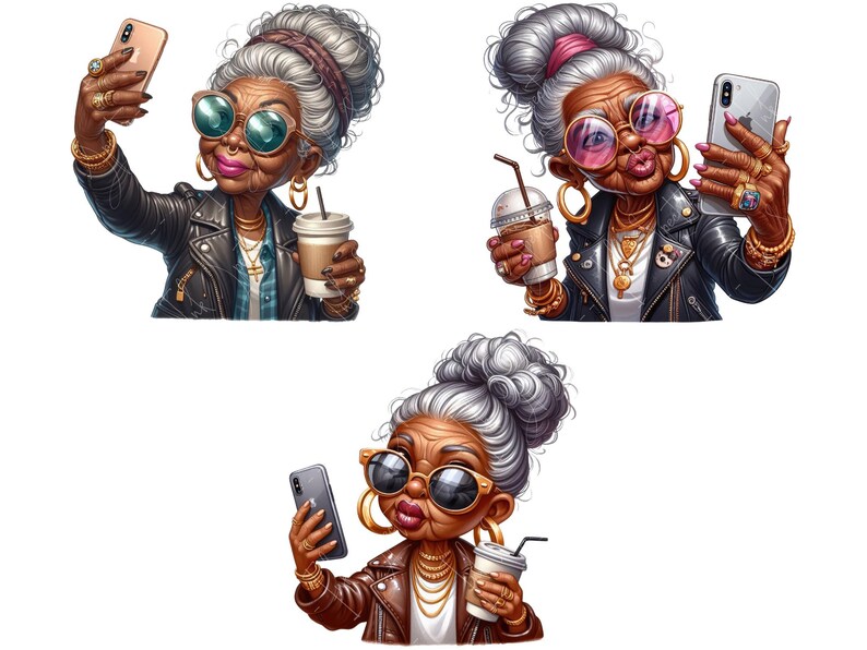 Pode incluir: Tr&ecirc;s ilustra&ccedil;&otilde;es de mulheres mais velhas com cabelo grisalho usando &oacute;culos de sol e jaquetas de couro. Cada mulher est&aacute; segurando um smartphone e uma bebida.