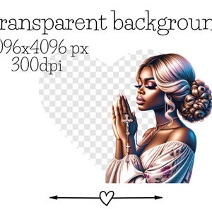 May include: A woman with long blonde hair is praying with a rosary. She is wearing a white dress with floral patterns. The background is transparent.