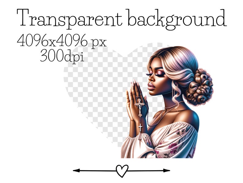 May include: A woman with long blonde hair is praying with a rosary. She is wearing a white dress with floral patterns. The background is transparent.