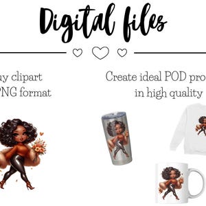May include: Digital files for creating products.  A digital illustration of a woman with brown skin and long brown hair wearing a brown jacket and black pants.  The illustration is shown on a white mug, a white t-shirt, and a stainless steel tumbler.