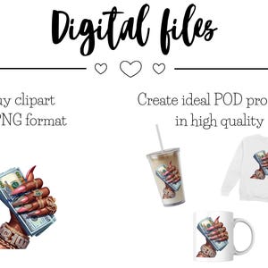 May include: Digital file download of a hand holding a stack of cash with a gold bracelet and red nail polish. The image is suitable for creating products such as t-shirts, mugs, and phone cases.