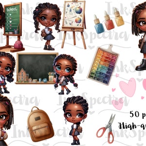 May include: A set of 50 digital illustrations featuring a Black girl in various school-themed outfits and poses. The illustrations include a girl holding a backpack, a girl holding a book, a girl standing in front of a chalkboard, and a girl standing in front of an easel. The illustrations are perfect for use in classroom materials, websites, and social media.