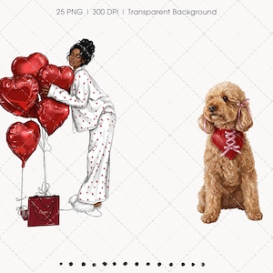 May include: Illustration of a person in heart-patterned pajamas holding red heart-shaped balloons and a gift bag. A brown poodle with a heart-shaped collar sits nearby. The image has the text "25 PNG | 300 DPI | Transparent Background".