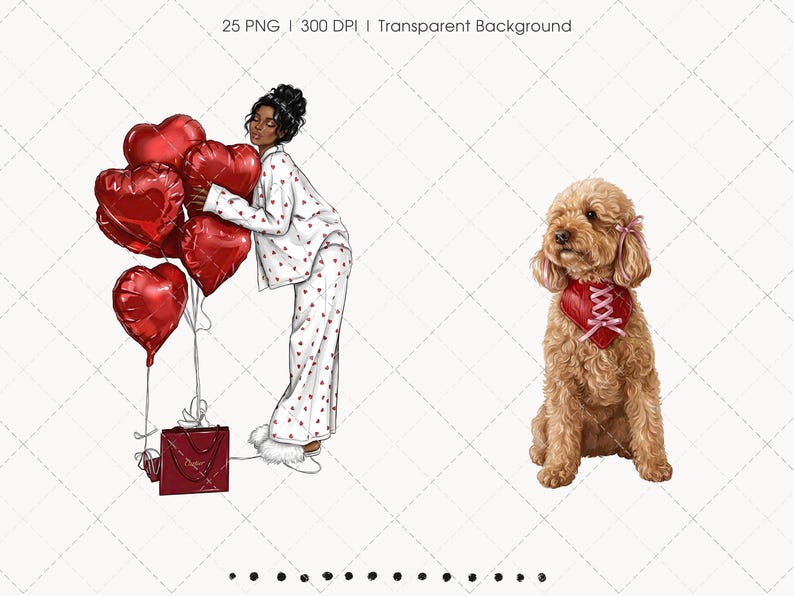 May include: Illustration of a person in heart-patterned pajamas holding red heart-shaped balloons and a gift bag. A brown poodle with a heart-shaped collar sits nearby. The image has the text "25 PNG | 300 DPI | Transparent Background".