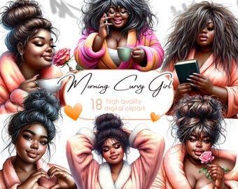 May include: A digital clipart set featuring 18 illustrations of curvy women in various poses. The women are wearing pink and white robes and are depicted in a variety of activities, such as reading, drinking coffee, and holding flowers. The text "Morning Curvy Girl" and "18 high quality digital clipart" is included in the image.
