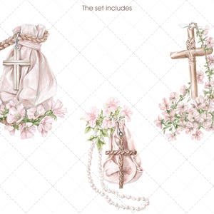 May include: Watercolor illustrations of religious items, including crosses and pouches, adorned with pink flowers and pearl necklaces. The set includes three distinct designs, each with a cross as the focal point, perfect for religious-themed crafts.