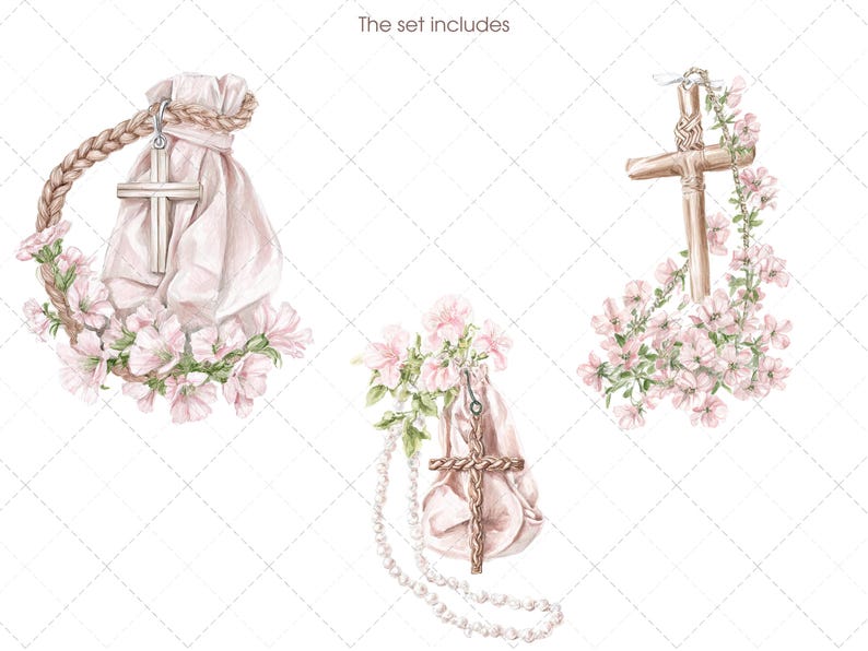 May include: Watercolor illustrations of religious items, including crosses and pouches, adorned with pink flowers and pearl necklaces. The set includes three distinct designs, each with a cross as the focal point, perfect for religious-themed crafts.