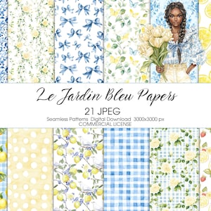 Seamless French Patterns, Toile de Jouy, Blue Yellow Gingham, Floral Wallpaper, Tulips Lemons Roses, Scrapbook Papers, Toile de Jouy Garden