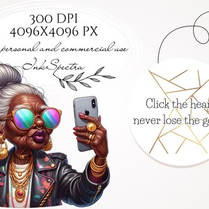 Pode incluir: Uma ilustra&ccedil;&atilde;o digital de uma mulher mais velha elegante com cabelo grisalho, usando &oacute;culos de sol, uma jaqueta de couro e joias de ouro. Ela est&aacute; segurando um smartphone e tirando uma selfie. O texto "Clique no cora&ccedil;&atilde;o, nunca perca os bens" est&aacute; no fundo.