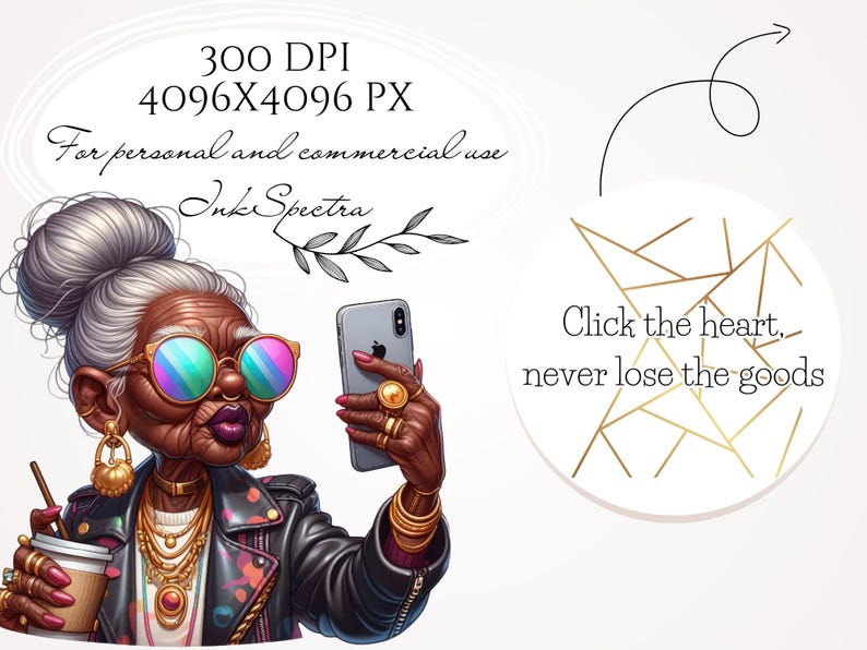 Pode incluir: Uma ilustra&ccedil;&atilde;o digital de uma mulher mais velha elegante com cabelo grisalho, usando &oacute;culos de sol, uma jaqueta de couro e joias de ouro. Ela est&aacute; segurando um smartphone e tirando uma selfie. O texto "Clique no cora&ccedil;&atilde;o, nunca perca os bens" est&aacute; no fundo.