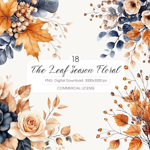 Puede incluir: Descarga digital floral en acuarela con hojas de otoño, rosas y bayas en tonos naranja, azul y crema. El texto dice "The Leaf Season Floral" con licencia comercial.