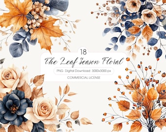 Watercolor Leaf Season Bundle Clipart, Autumn Maple Leaves and Flowers, Cottagecore Aesthetic PNG, Fall Planner Stickers, Scrapbooking