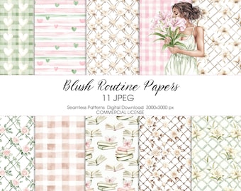 May include: Digital download of "Blush Routine Papers" featuring 11 JPEG seamless patterns. The patterns include watercolor designs of hearts, stripes, floral trellis, gingham, and books. The image also includes a watercolor illustration of a woman holding flowers.