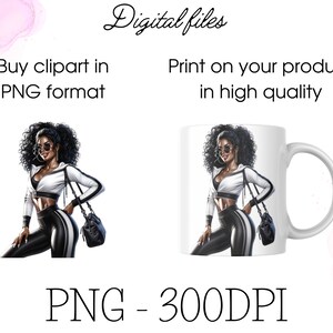 May include: Digital file of a woman with dark skin wearing a white jacket, black pants with a white stripe, and sunglasses. She is holding a black bag. The image is 300 DPI.