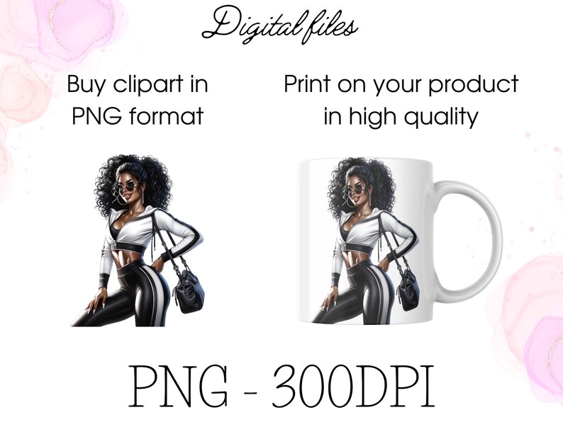 May include: Digital file of a woman with dark skin wearing a white jacket, black pants with a white stripe, and sunglasses. She is holding a black bag. The image is 300 DPI.