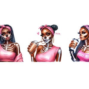 May include: Three digital illustrations of women with pink and black outfits and skull face paint. Each woman is holding a beverage and has the text "Spooky Mom" on their clothing.