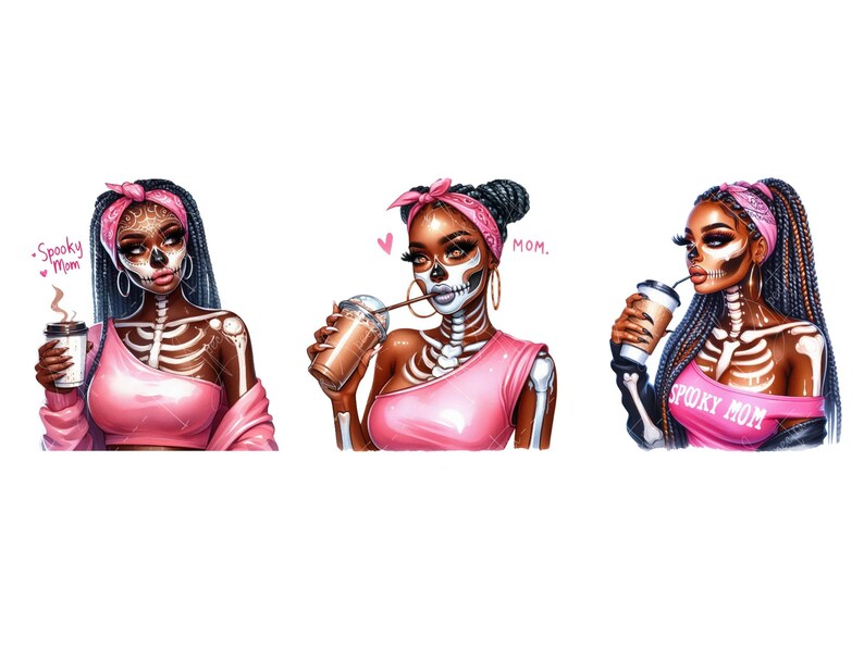 May include: Three digital illustrations of women with pink and black outfits and skull face paint. Each woman is holding a beverage and has the text "Spooky Mom" on their clothing.