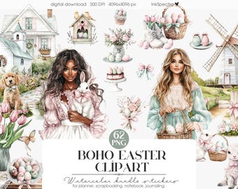 May include: A set of 62 digital clipart images featuring a boho Easter theme. The images include a watercolour illustration of a girl holding a basket of Easter eggs, a girl holding a bunny, a farmhouse, a windmill, a birdhouse, and a bouquet of flowers.