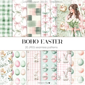 Aquarell Boho Ostern Nahtlose Muster, Korb Ei Ostern JPEG, Frühling Hase Papier, digitaler Download, Ostern Muster, Scrapbook Papier