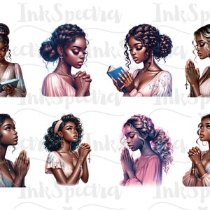 May include: Digital illustration of eight women with different hairstyles and clothing, each with their hands clasped in prayer. Some women are wearing jewelry and have a book in their hands.