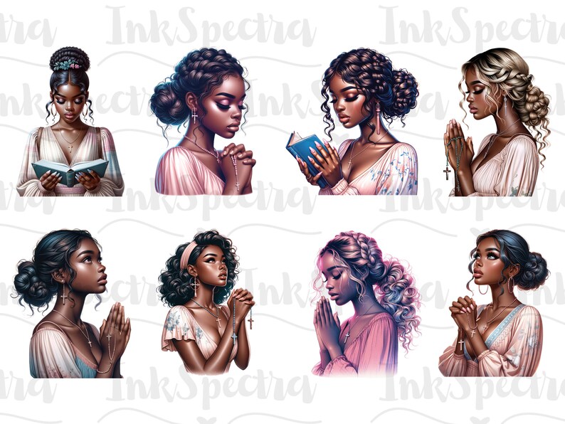 May include: Digital illustration of eight women with different hairstyles and clothing, each with their hands clasped in prayer. Some women are wearing jewelry and have a book in their hands.