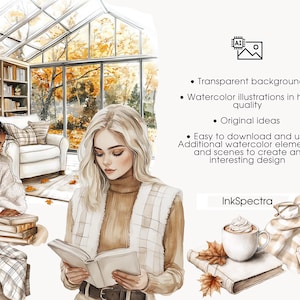 Watercolor Autumn Clipart Bundle, Cozy Cottagecore PNG (Commercial Use) image 3