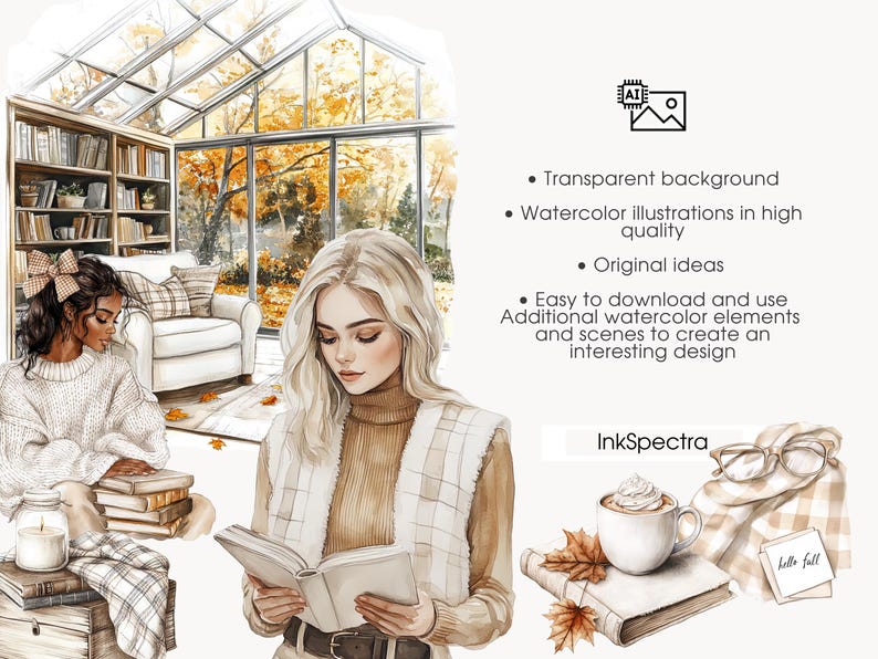 Watercolor Autumn Clipart Bundle, Cozy Cottagecore PNG (Commercial Use) image 3