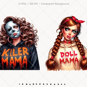 Pu&ograve; includere: Illustrazione digitale di due donne con coltelli insanguinati. Una indossa una maschera e una felpa nera con "KILLER MAMA" in arancione. L'altra ha trecce, una fascia rossa e una felpa color crema con "DOLL MAMA" in rosso.