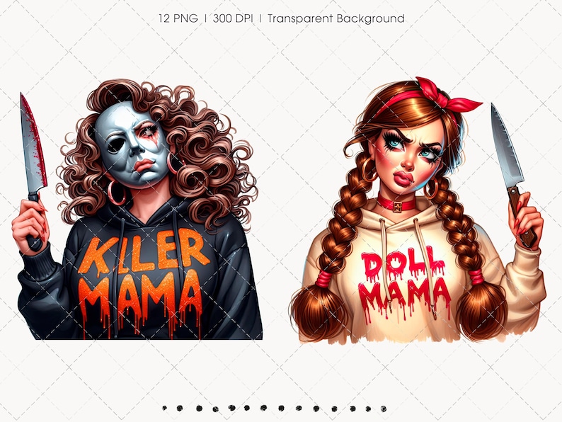 Pu&ograve; includere: Illustrazione digitale di due donne con coltelli insanguinati. Una indossa una maschera e una felpa nera con "KILLER MAMA" in arancione. L'altra ha trecce, una fascia rossa e una felpa color crema con "DOLL MAMA" in rosso.