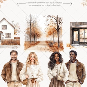 May include: Watercolor illustrations of autumn scenes, including a house, a park path, and a cafe. The image also features illustrations of four people. The text at the top says "Decorative elements can be purchased as a separate set or in a collection."