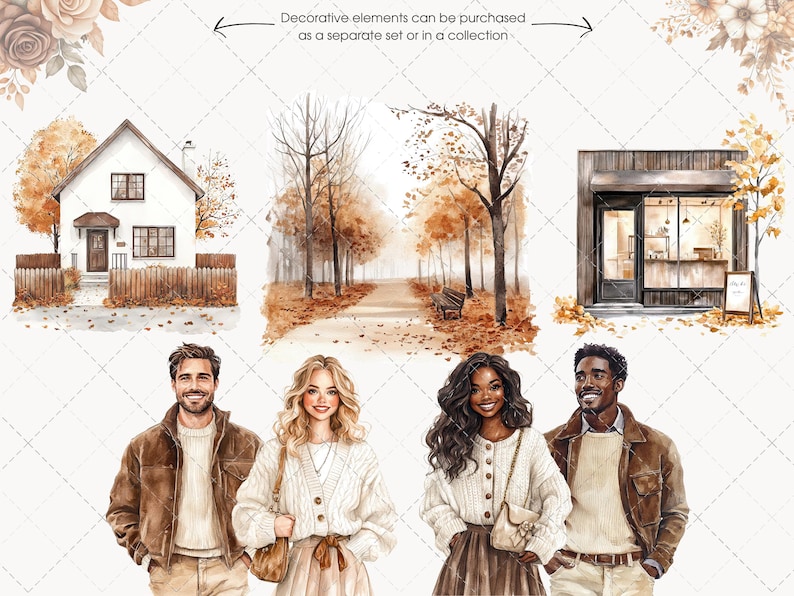 May include: Watercolor illustrations of autumn scenes, including a house, a park path, and a cafe. The image also features illustrations of four people. The text at the top says "Decorative elements can be purchased as a separate set or in a collection."