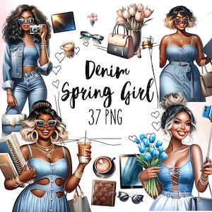 Aquarell Denim Frühling Clipart, Frühling kurvige schwarze Mädchen Clipart, Denim schwarze Mädchen Clipart, Planer Mädchen Clipart, Mode Lady Boss Clipart