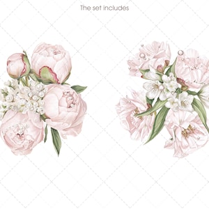 May include: Watercolor illustration of two floral arrangements. One features pink peonies and white accents, the other showcases pink flowers with white blossoms. Green leaves and water droplets add detail. The text "The set includes" is at the top.