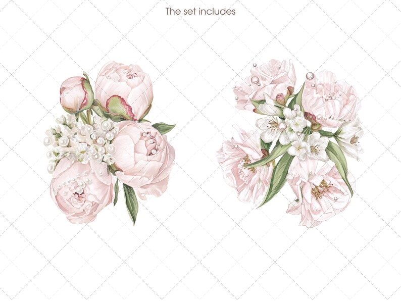 May include: Watercolor illustration of two floral arrangements. One features pink peonies and white accents, the other showcases pink flowers with white blossoms. Green leaves and water droplets add detail. The text "The set includes" is at the top.