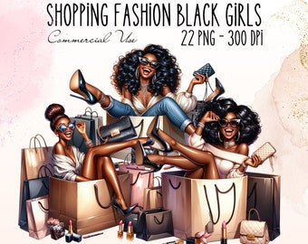 Fashion Black Girl Clipart Bundle, Shopaholic Black Fashionista Illustration, Fashion Lover Digital Art, Trendy Afro American Woman Stickers