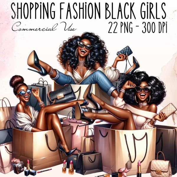 Fashion Black Girl Clipart Bundle, Shopaholic Black Fashionista Illustration, Fashion Lover Digital Art, Trendy Afro American Woman Stickers