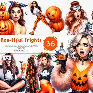 May include: A digital illustration featuring several women in Halloween-themed attire. The image includes pumpkins, skeletons, and the text "Boo-tiful Frights." The number "36" is in an orange circle, and the image is labeled as transparent background PNG.