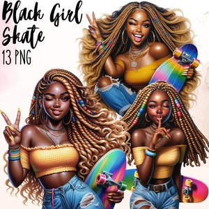 Pacchetto Clipart di ragazza nera che pattina, Ragazza nera magica, Clipart afroamericana, Ragazza pattinatrice, Ragazza urbana sportiva, Clipart di ragazza nera alla moda PNG