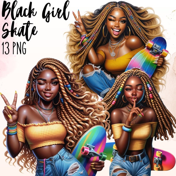 Bundle Black Girl Skate Clipart, Black Girl Magic, African American clipart, Skate Girl, Sporty Urban girl, Fashion Black Girl Clipart PNG