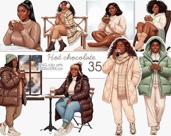 May include: Digital clip art featuring illustrations of women enjoying hot chocolate. The images depict women in various winter outfits, holding cups of hot beverages. The text "Hot chocolate" and "35" are also visible.