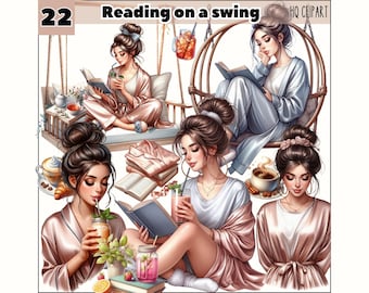 Girl Reading Clipart, Book Lover Clipart, Reading on a swing, Self Love Clipart, Read Woman Print of Demand, Sublimation Girl Reading