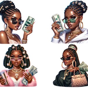 May include: Four digital illustrations of a Black woman with braids, wearing sunglasses and holding cash. Each illustration has a different outfit and background.