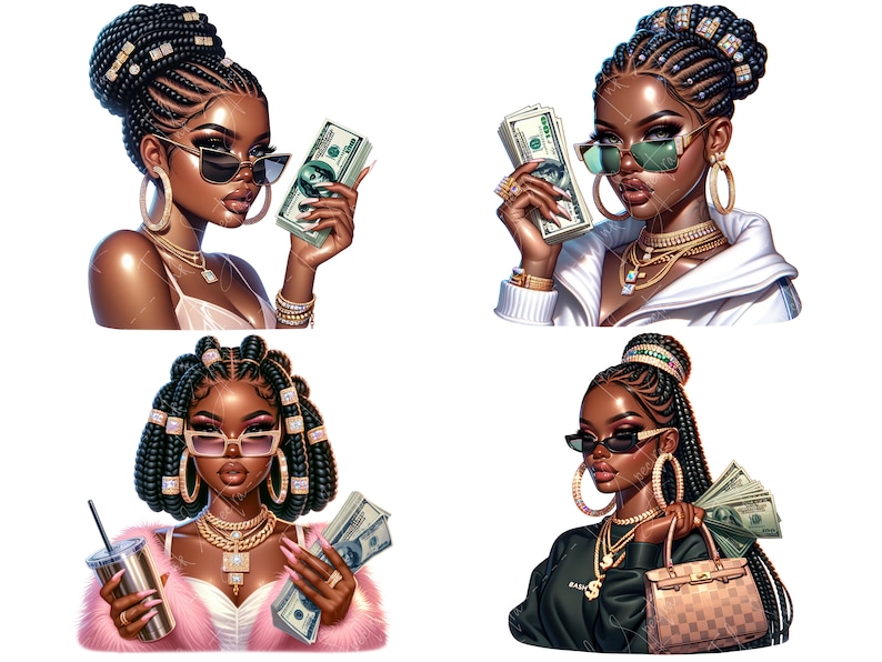May include: Four digital illustrations of a Black woman with braids, wearing sunglasses and holding cash. Each illustration has a different outfit and background.