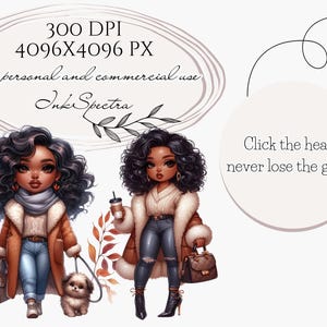 May include: Two digital illustrations of women with brown skin, wearing winter outfits. One woman is holding a cup of coffee and the other is walking a small dog. Both women have long, curly black hair. The background is a white surface with fall leaves.