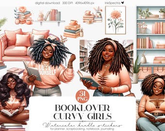 Curvy Black Girl Reading Clipart | Book Lover Digital Stickers | Coffee Girl PNG | Self Love Clipart | Afro-American Journal Art