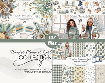 Watercolor Winter Planner Girl Clipart Bundle, Snowflakes, Pine (Digital Download)