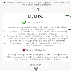 May include: A license agreement displayed on a cream-colored background with green leaf accents. The text details what is and isn't allowed when using the clipart, including print-on-demand items. The InkSpectra logo is at the bottom.